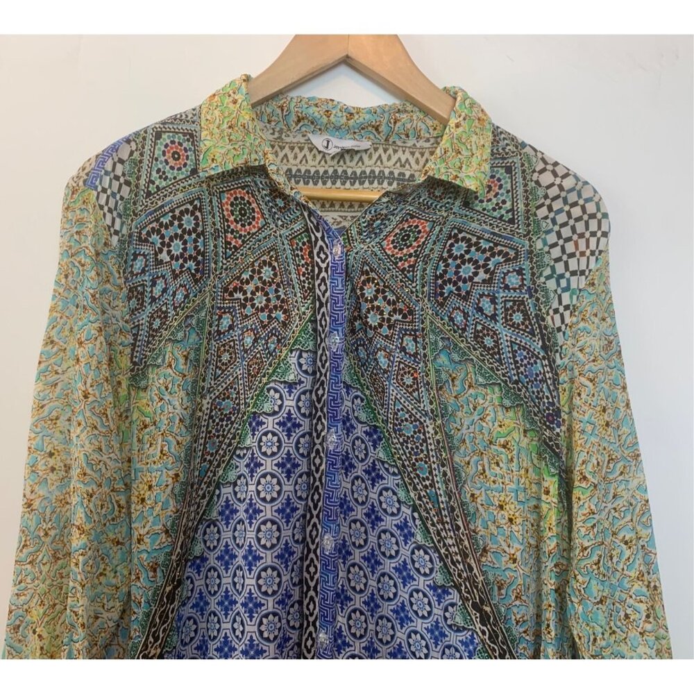 JAYSHREE DALAL Women's Tunic Colorful Mixed Pattern Roll Tab Sleeve Gems Sz L/XL - Picture 2 of 11